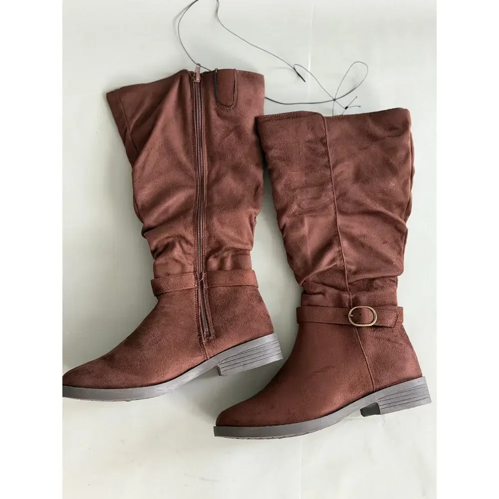 NEW! 7M Pop Chambers Womens Flat Heel Slouch Boots Brown Suedelike